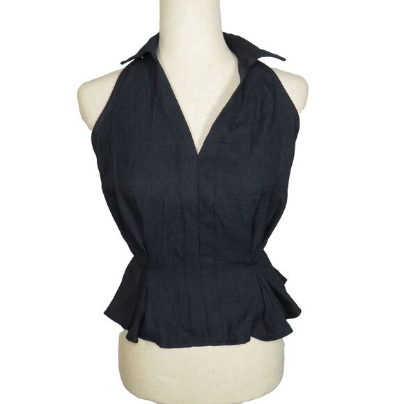 OGL Navy Linen Blend Collared V Neck Sleeveless Tie Waist Top Size Small - Picture 4 of 11